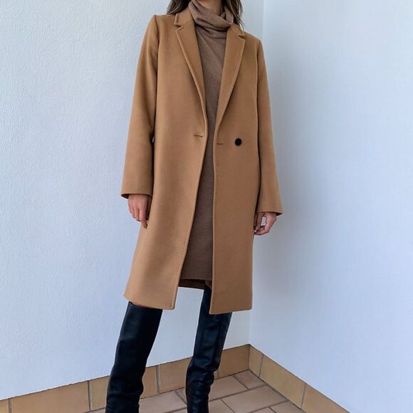 Women’s Camel Wool Blend Long Coat – Double Breasted Classic Overcoat - Picture 6 of 6